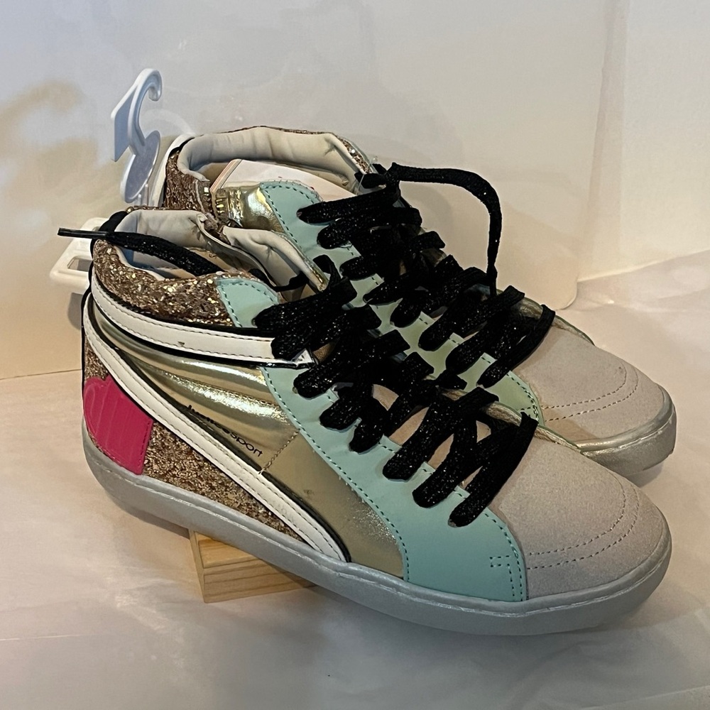 Justice Gold and Mint High-Top Sneakers with Pink Accent. PICK 2/$20.00